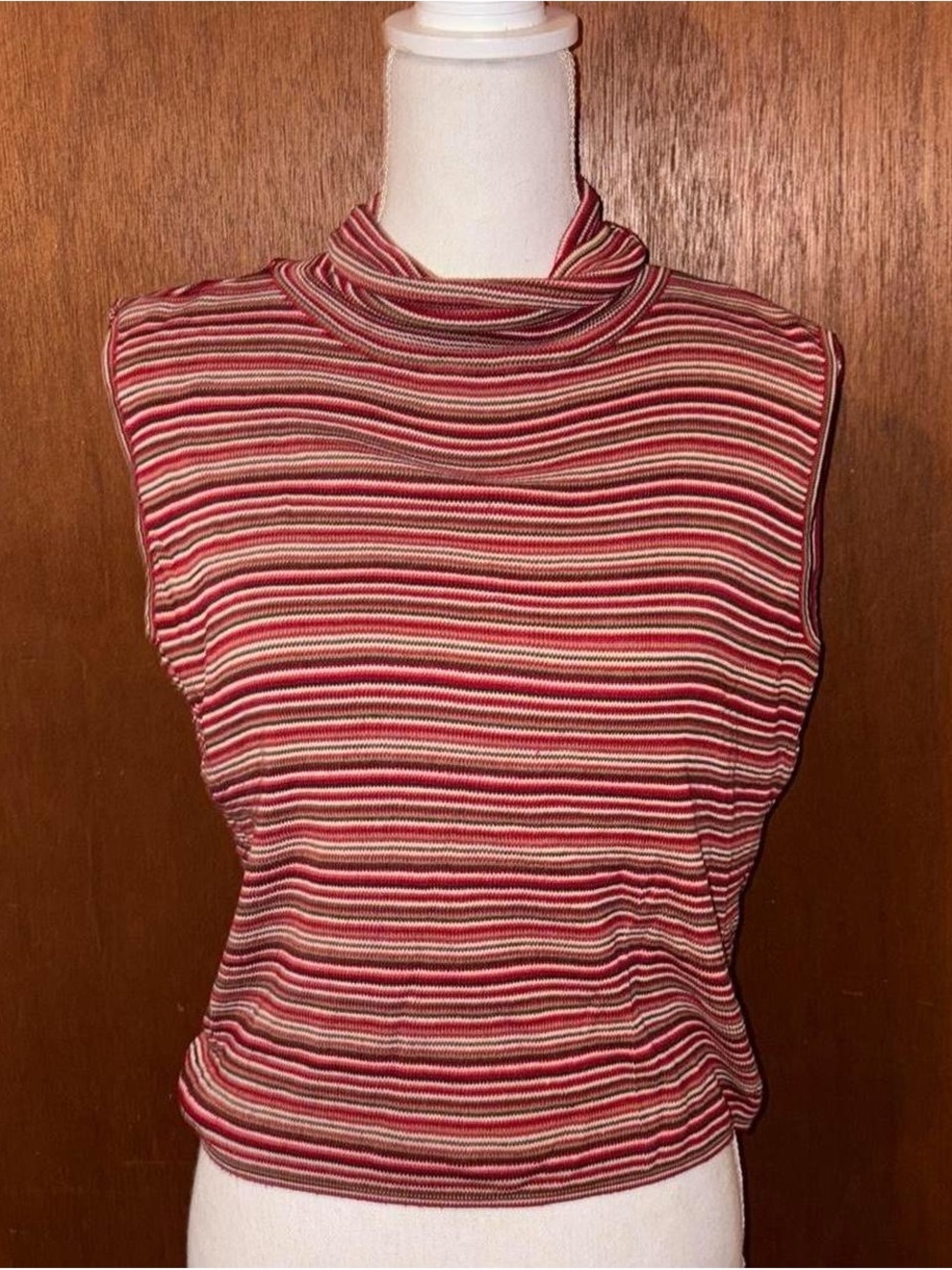 Liz Claiborne Red and Cream Striped Sleeveless Mock Neck Tank